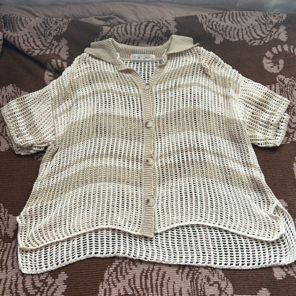 Boutique Cream and Tan Knit Sweater- Beach Cover Up